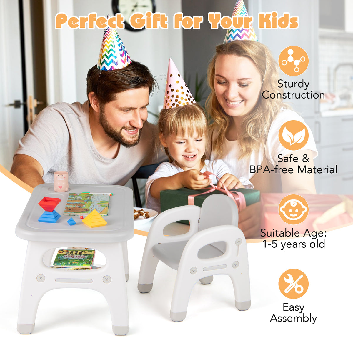Kids Activity Table and Chair Set with Montessori Toys and Whiteboard - Gray, Tiltable