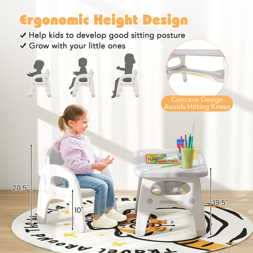 Kids Activity Table and Chair Set with Montessori Toys and Whiteboard - Gray, Tiltable