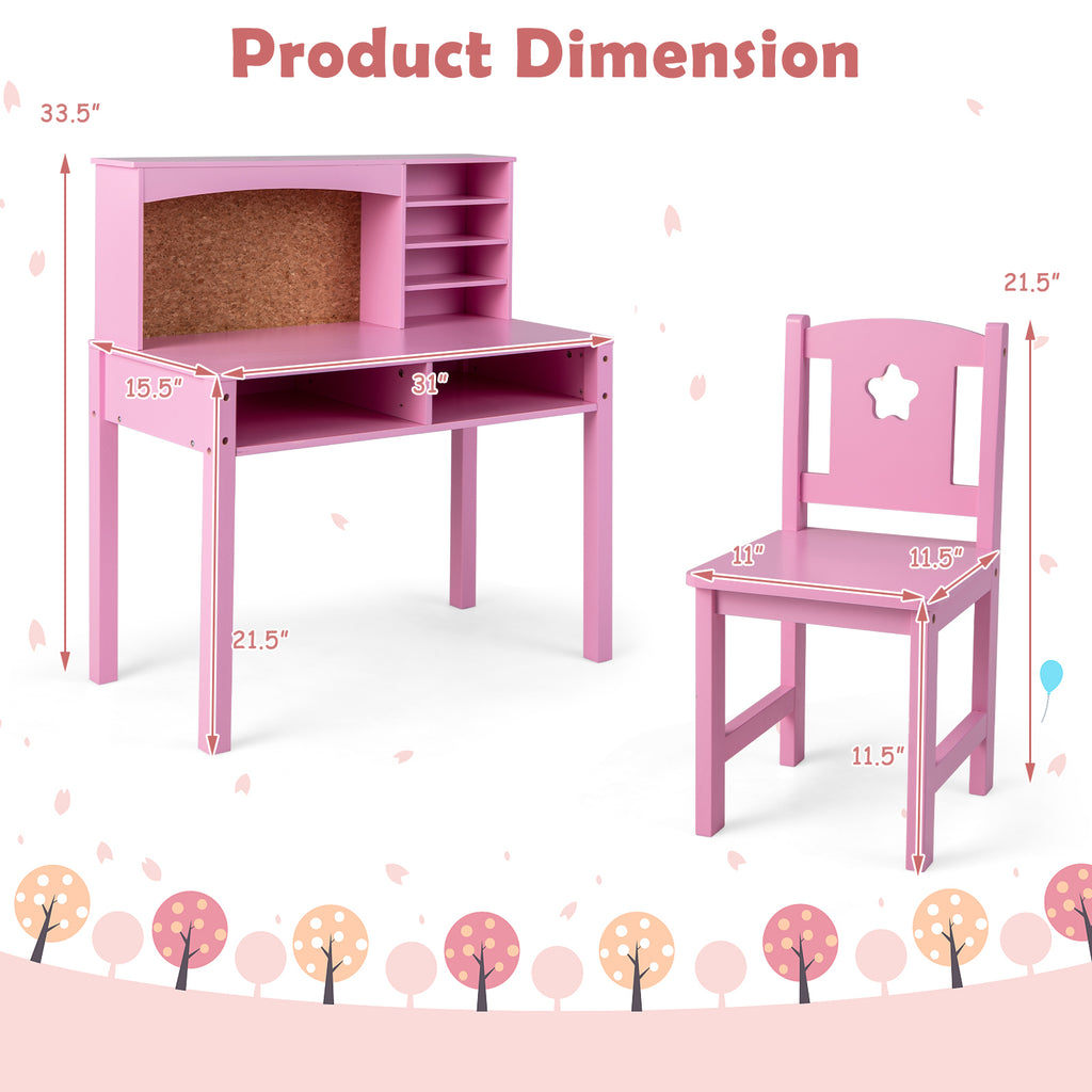Kids Desk and Chair Set with Hutch and Bulletin Board - Pink, for 3+ Kids