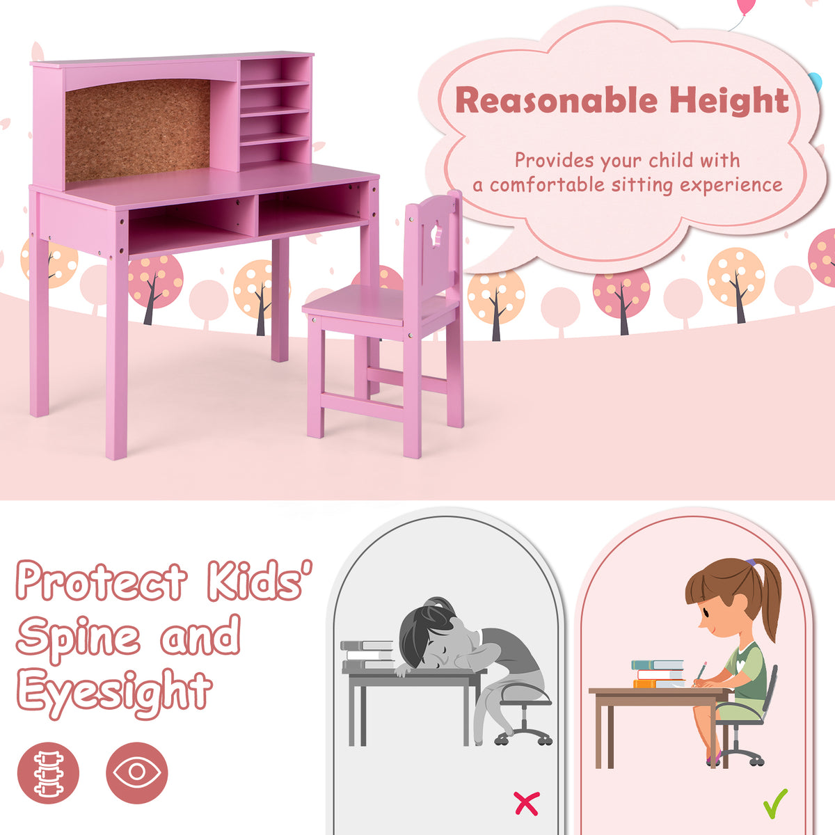 Kids Desk and Chair Set with Hutch and Bulletin Board - Pink, for 3+ Kids