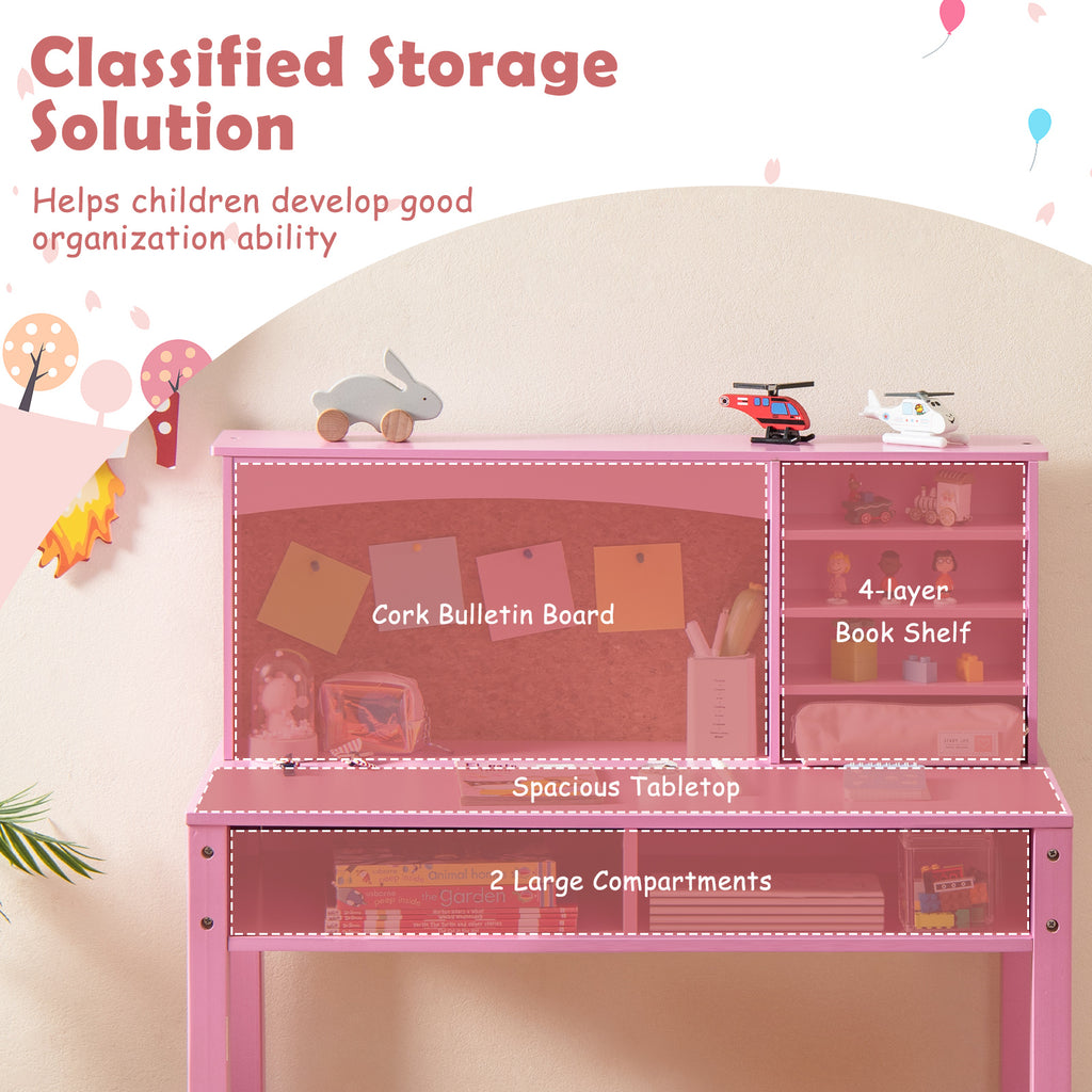 Kids Desk and Chair Set with Hutch and Bulletin Board - Pink, for 3+ Kids