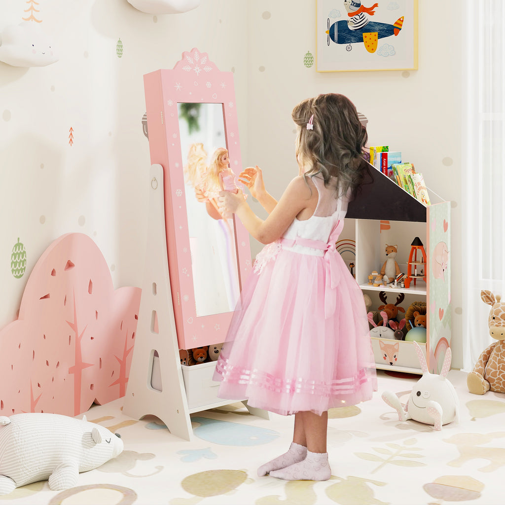 Kids Jewelry Cabinet with Full-Length Mirror & Pink Snowflakes - Foldable Drawers