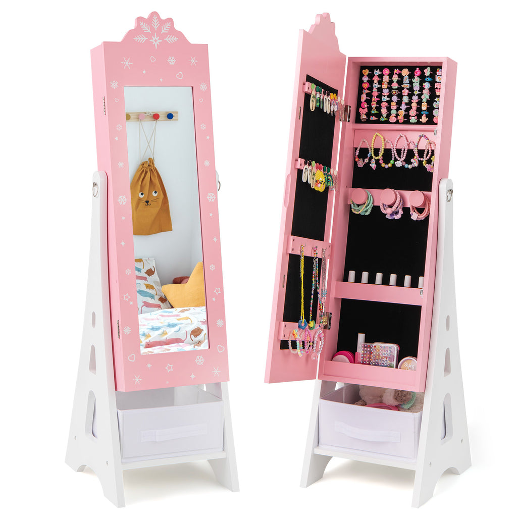 Kids Jewelry Cabinet with Full-Length Mirror & Pink Snowflakes - Foldable Drawers