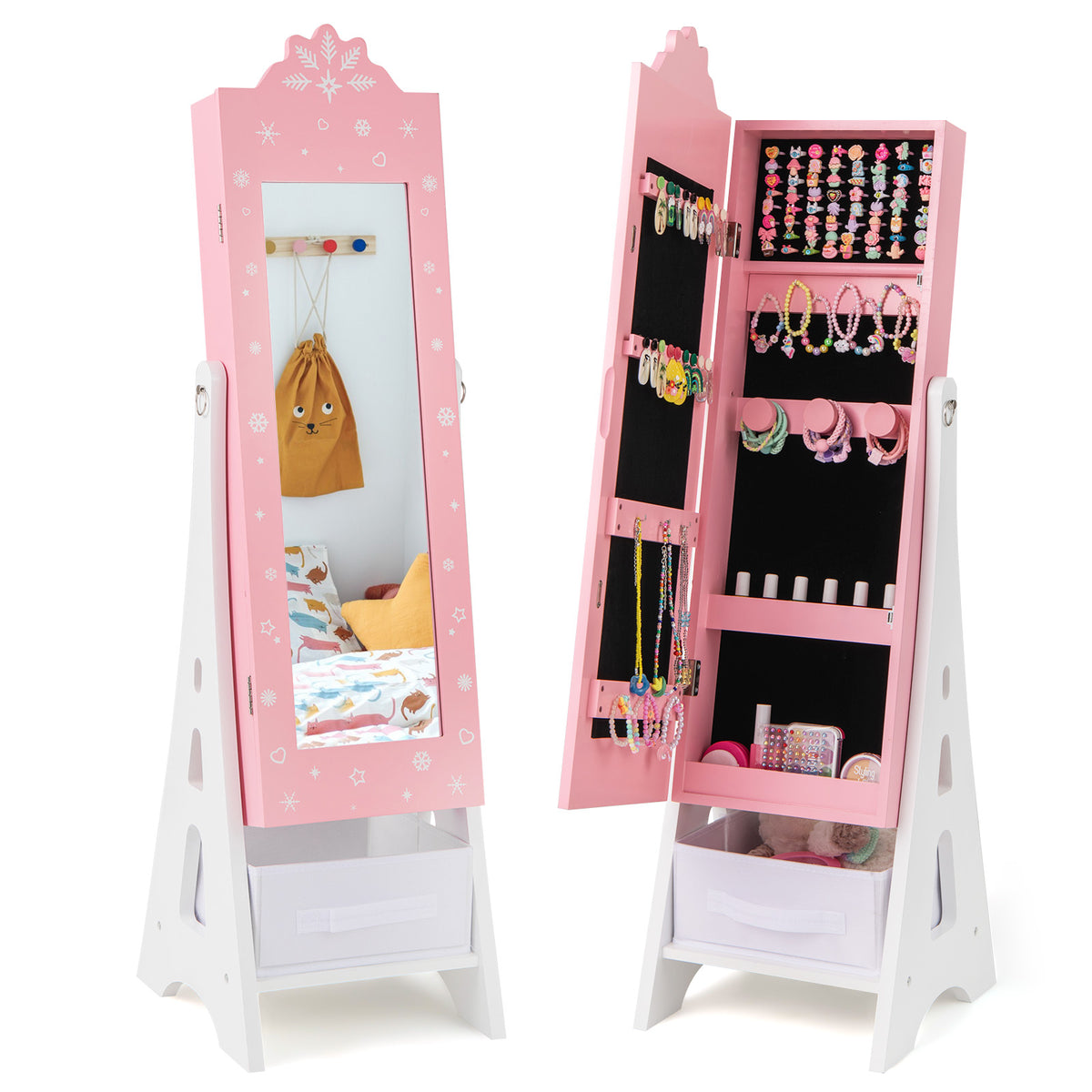 Kids Jewelry Cabinet with Full-Length Mirror & Pink Snowflakes - Foldable Drawers