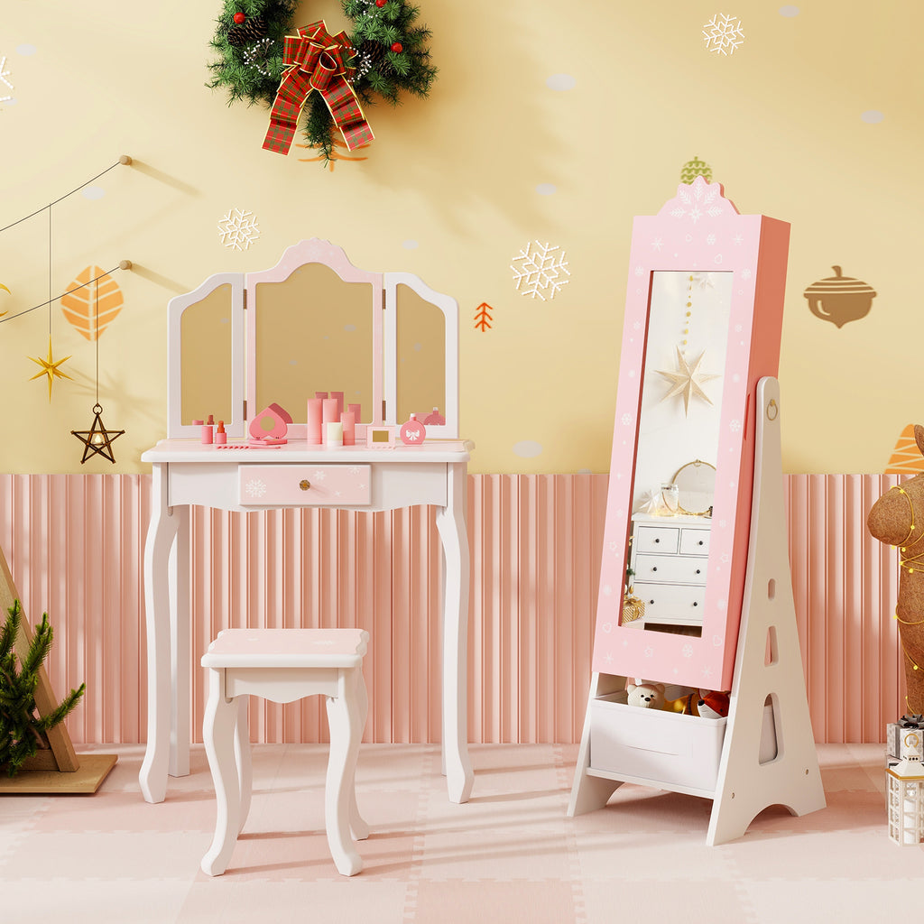 Kids Jewelry Cabinet with Full-Length Mirror & Pink Snowflakes - Foldable Drawers