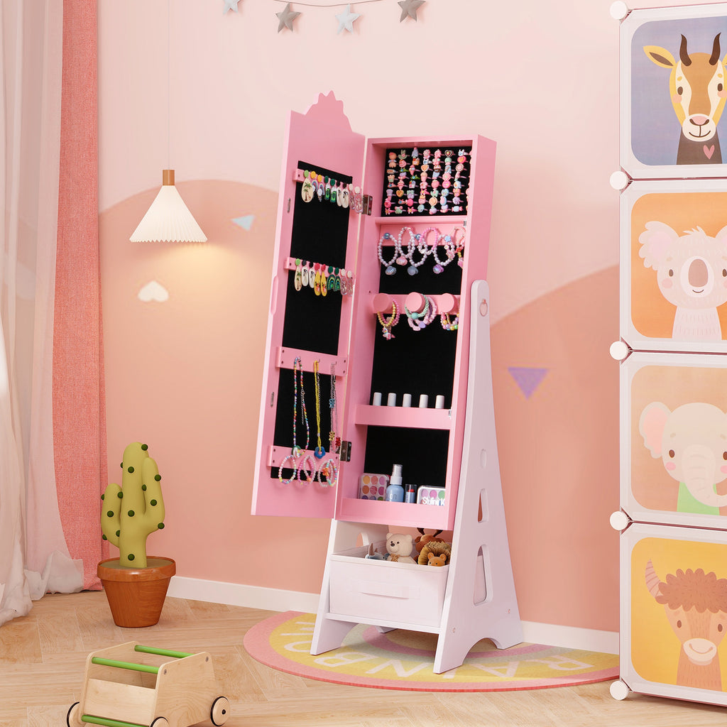 Kids Jewelry Cabinet with Full-Length Mirror & Pink Snowflakes - Foldable Drawers