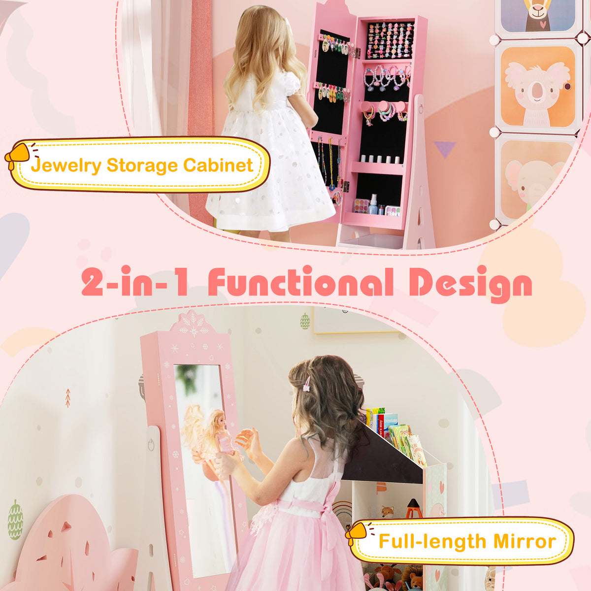 Kids Jewelry Cabinet with Full-Length Mirror & Pink Snowflakes - Foldable Drawers