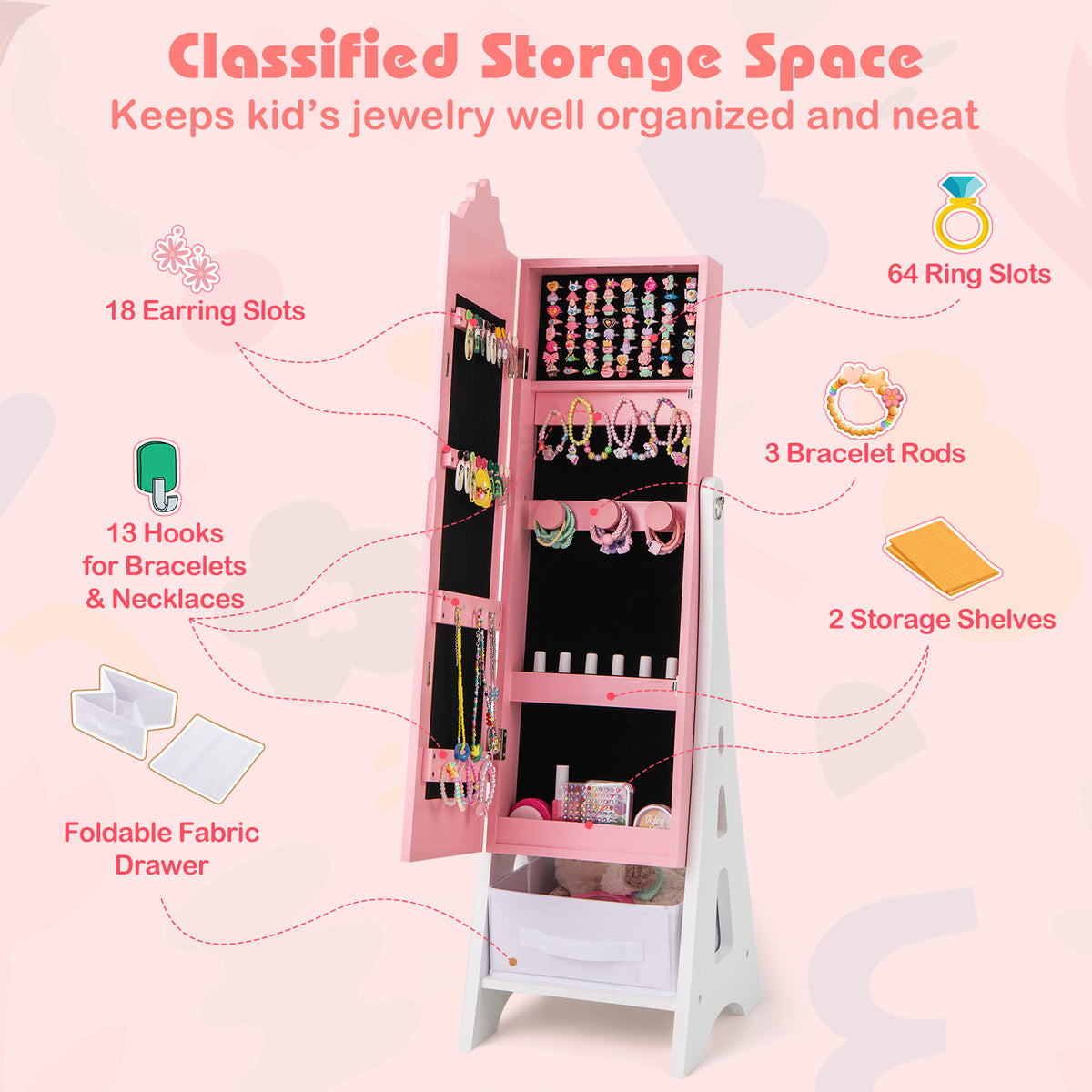 Kids Jewelry Cabinet with Full-Length Mirror & Pink Snowflakes - Foldable Drawers