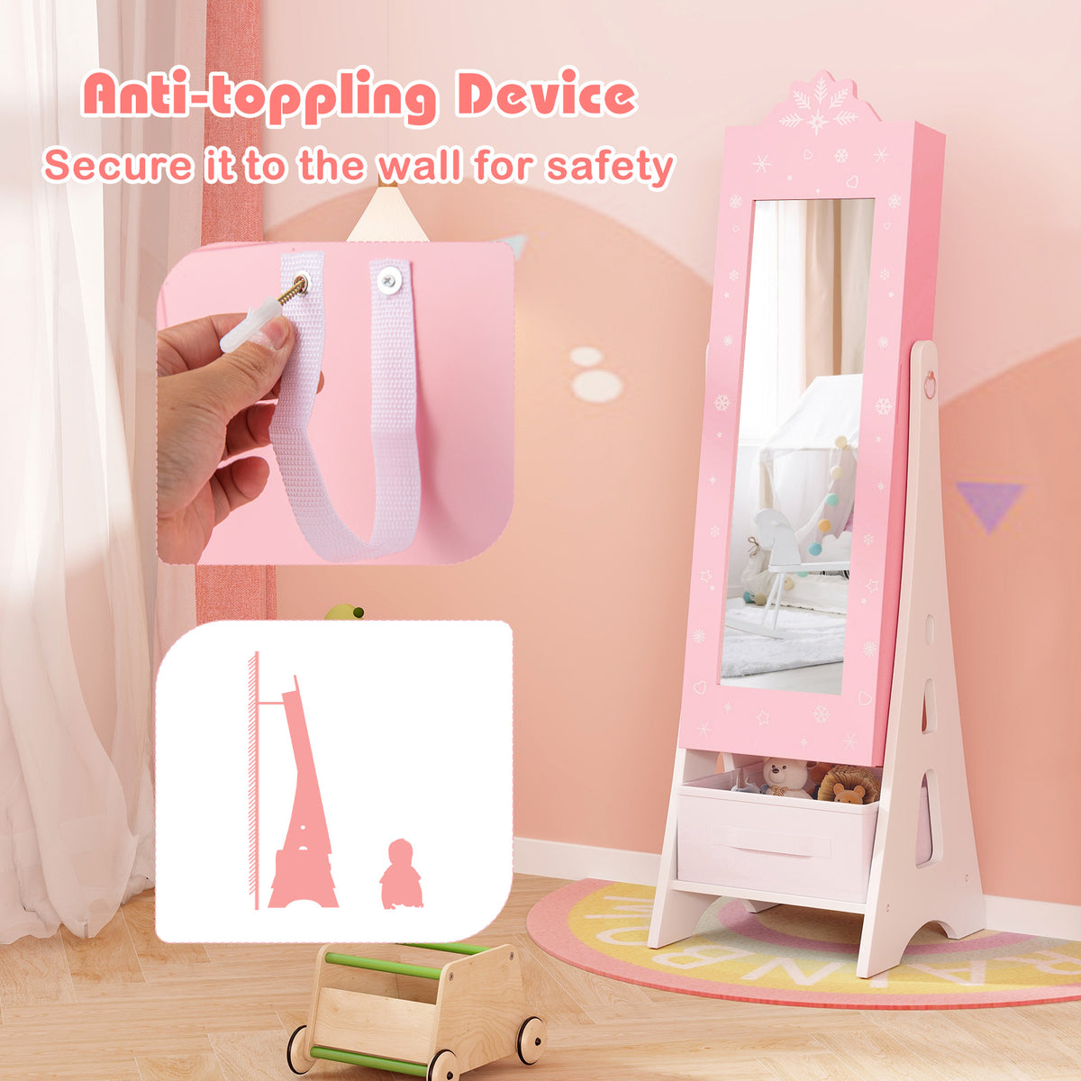 Kids Jewelry Cabinet with Full-Length Mirror & Pink Snowflakes - Foldable Drawers