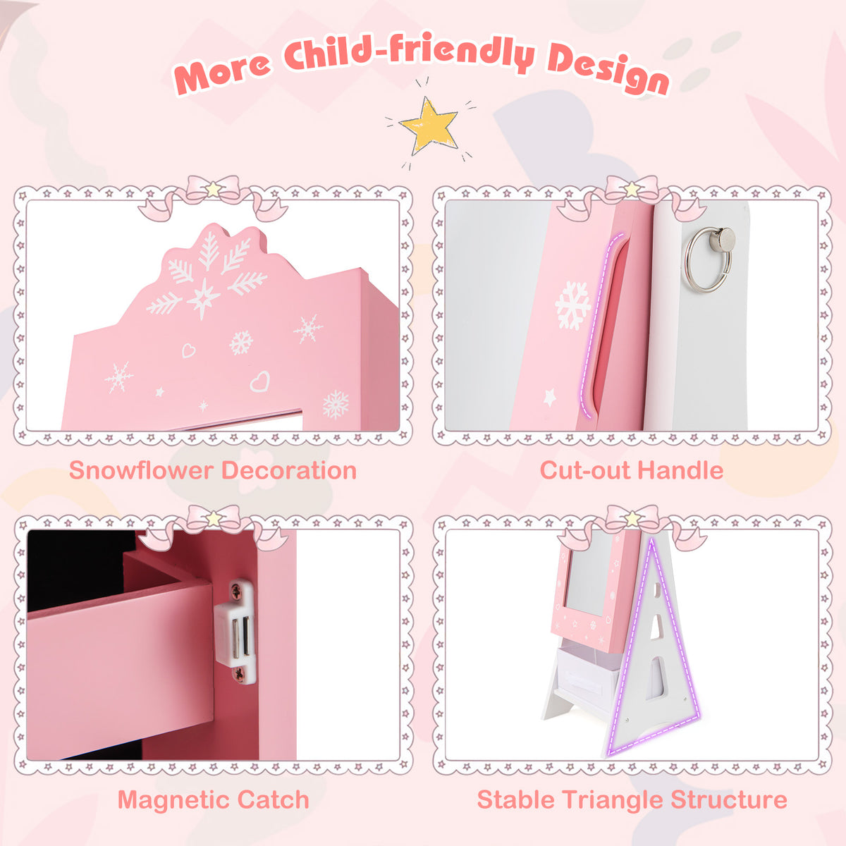 Kids Jewelry Cabinet with Full-Length Mirror & Pink Snowflakes - Foldable Drawers