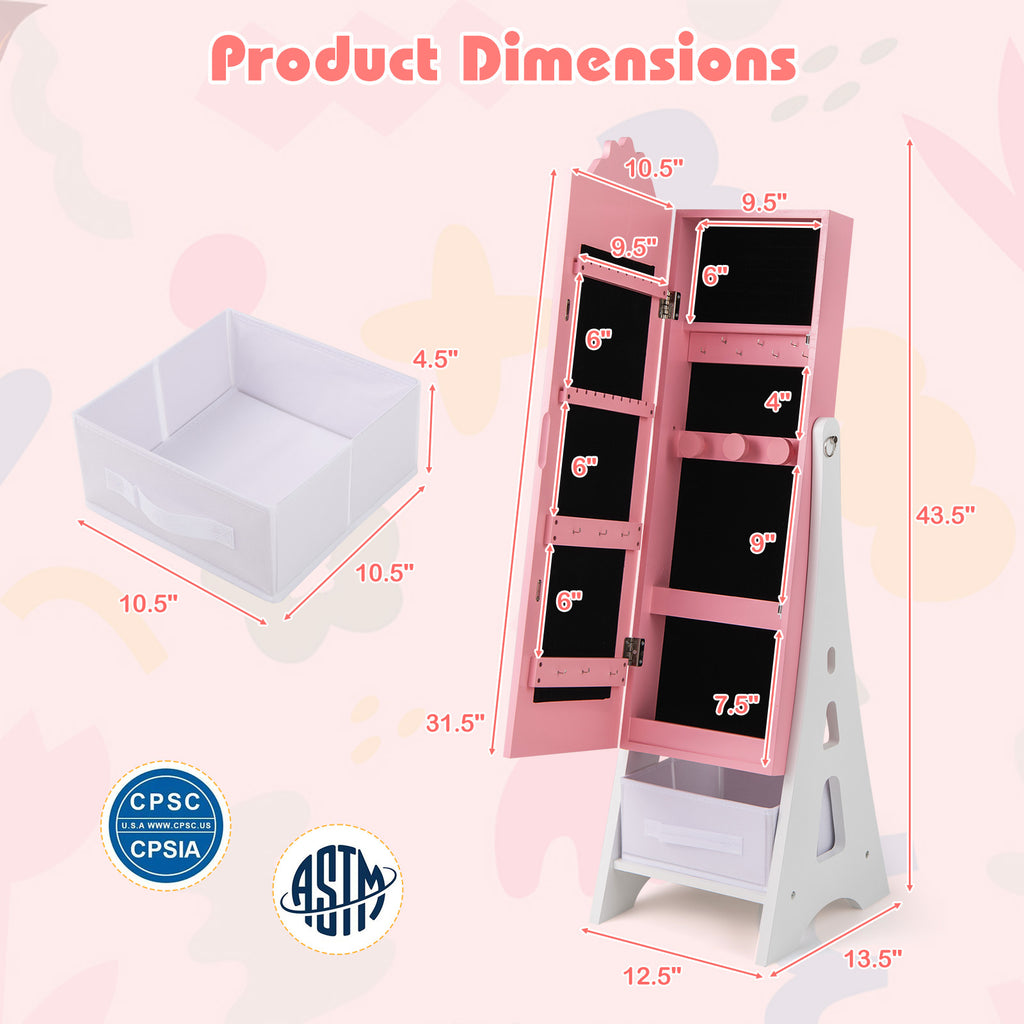 Kids Jewelry Cabinet with Full-Length Mirror & Pink Snowflakes - Foldable Drawers