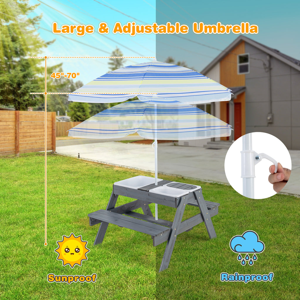 Kids Picnic Table Set with 3 Removable Bins and Gray Umbrella