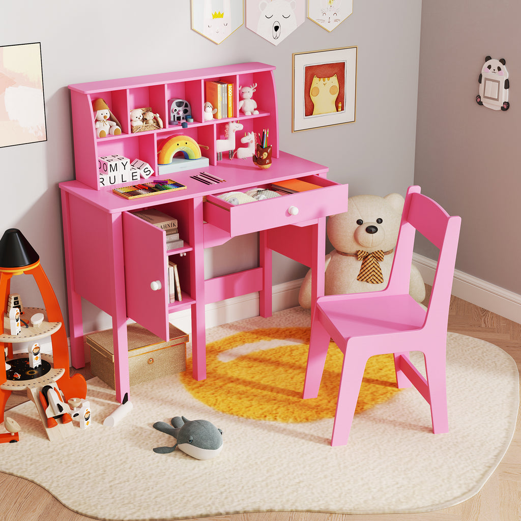 Kids Study Desk and Chair Set with Pink Storage Cabinet - 3+ Years