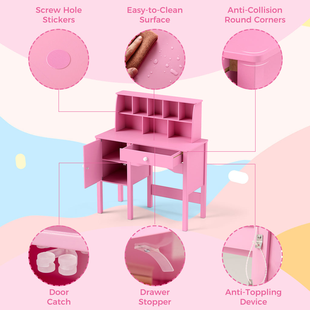 Kids Study Desk and Chair Set with Pink Storage Cabinet - 3+ Years