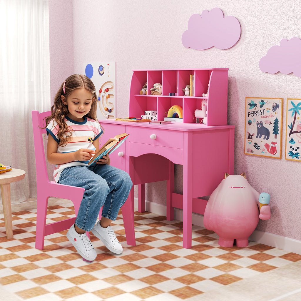 Kids Study Desk and Chair Set with Pink Storage Cabinet - 3+ Years