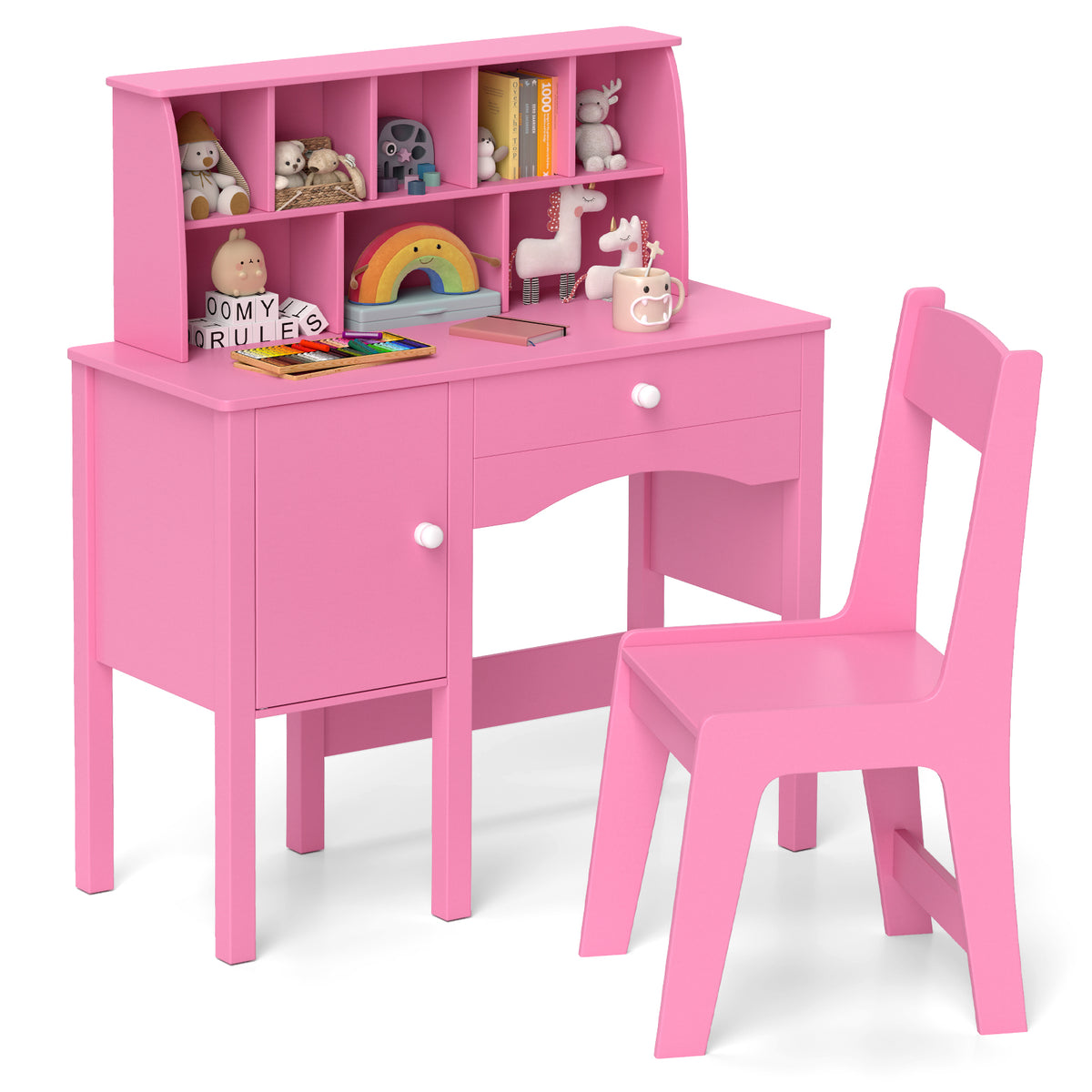 Kids Study Desk and Chair Set with Pink Storage Cabinet - 3+ Years
