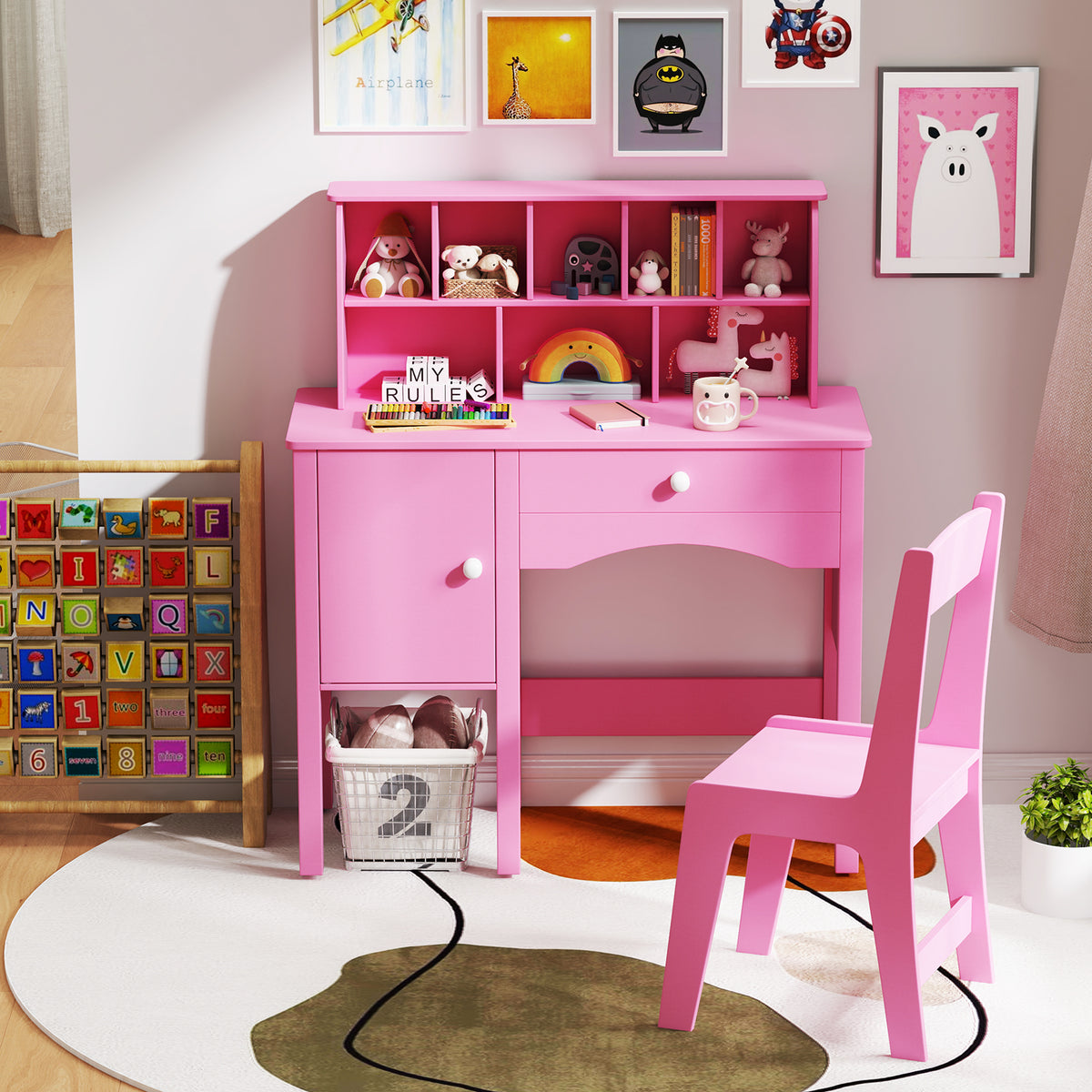 Kids Study Desk and Chair Set with Pink Storage Cabinet - 3+ Years