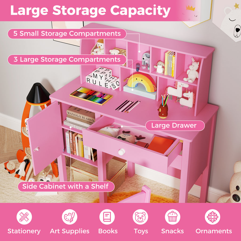 Kids Study Desk and Chair Set with Pink Storage Cabinet - 3+ Years