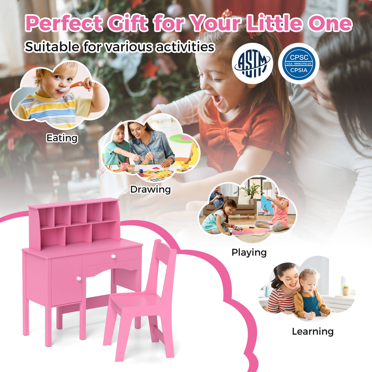 Kids Study Desk and Chair Set with Pink Storage Cabinet - 3+ Years