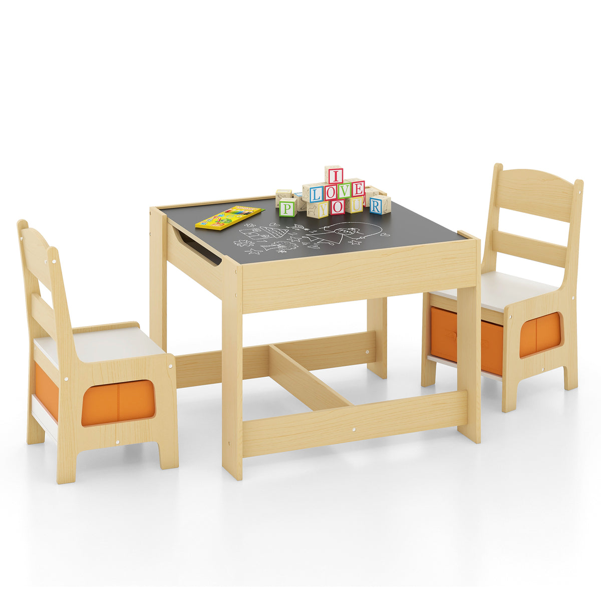 Kids Table and Chair Set with Storage Boxes & Blackboard - Natural Variation