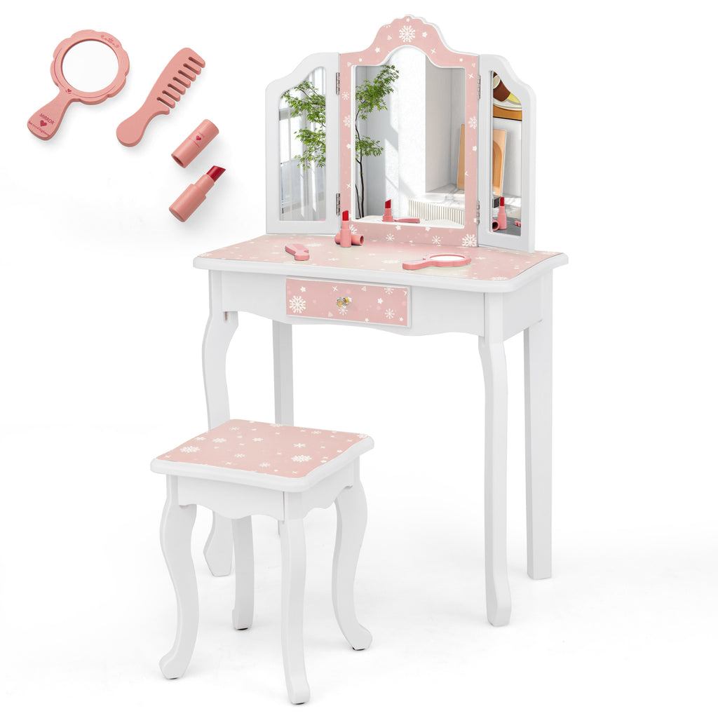 Princess Pretend Play Makeup Table and Stool Set with Tri-Fold Mirror - Snow Blue