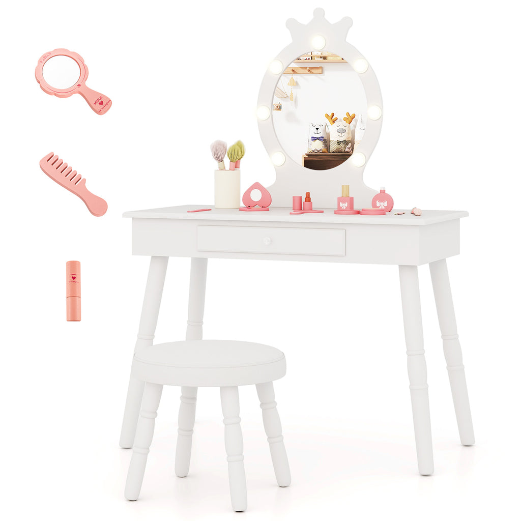 Kids Vanity Set with Lighted Mirror - Pink, Adjustable Brightness & Large Drawer