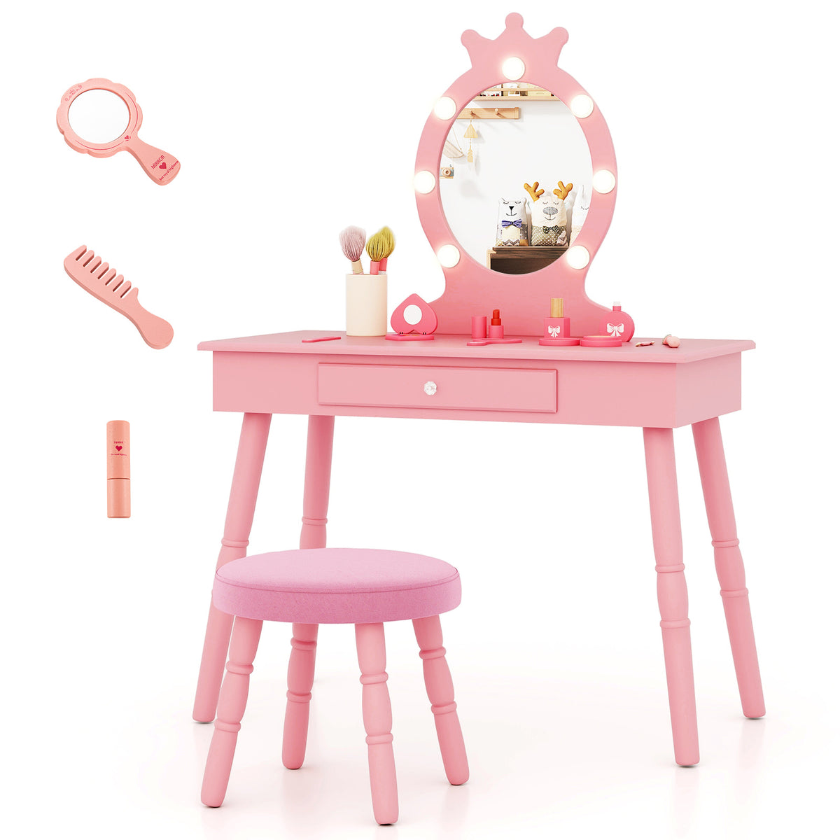 Kids Vanity Set with Lighted Mirror - Pink, Adjustable Brightness & Large Drawer