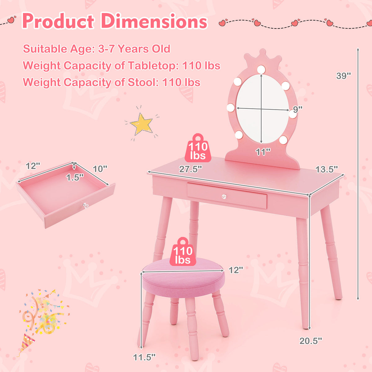 Kids Vanity Set with Lighted Mirror - Pink, Adjustable Brightness & Large Drawer