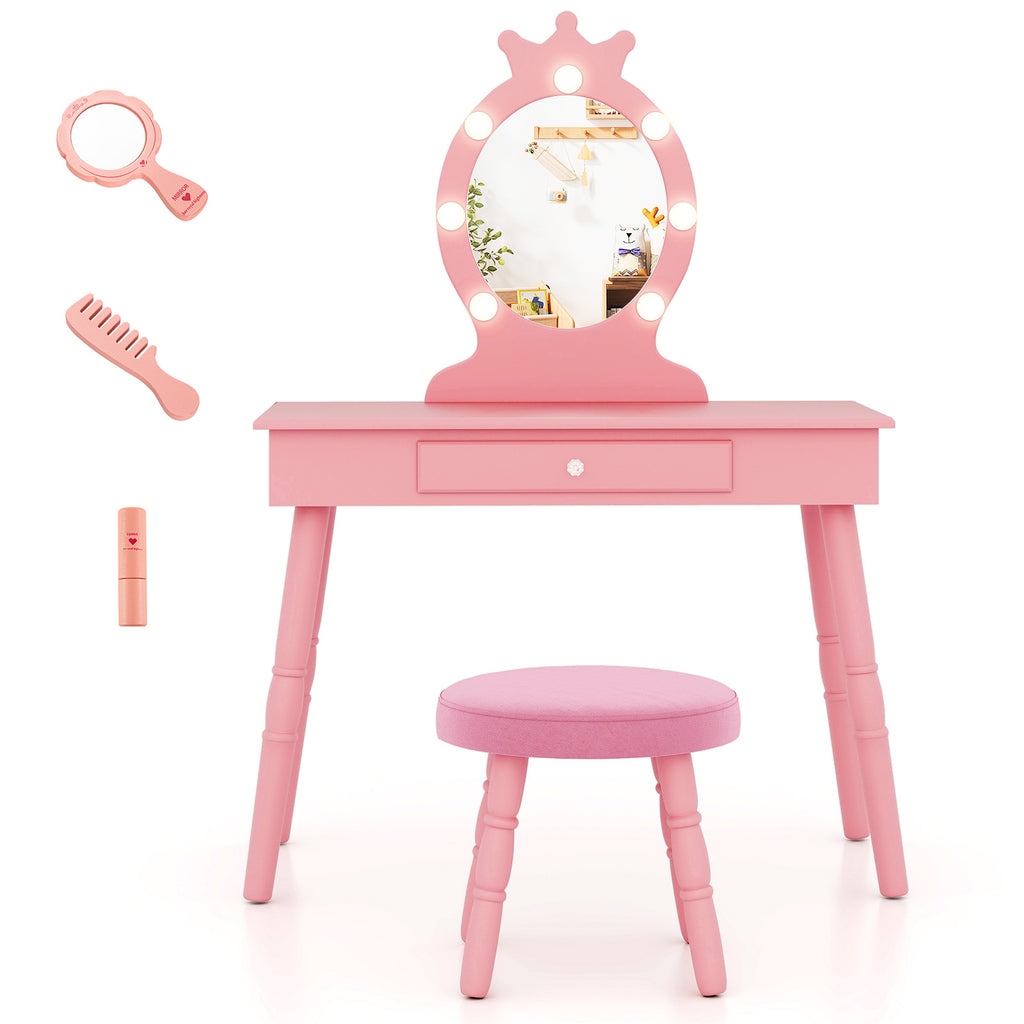 Kids Vanity Set with Lighted Mirror - Pink, Adjustable Brightness & Large Drawer