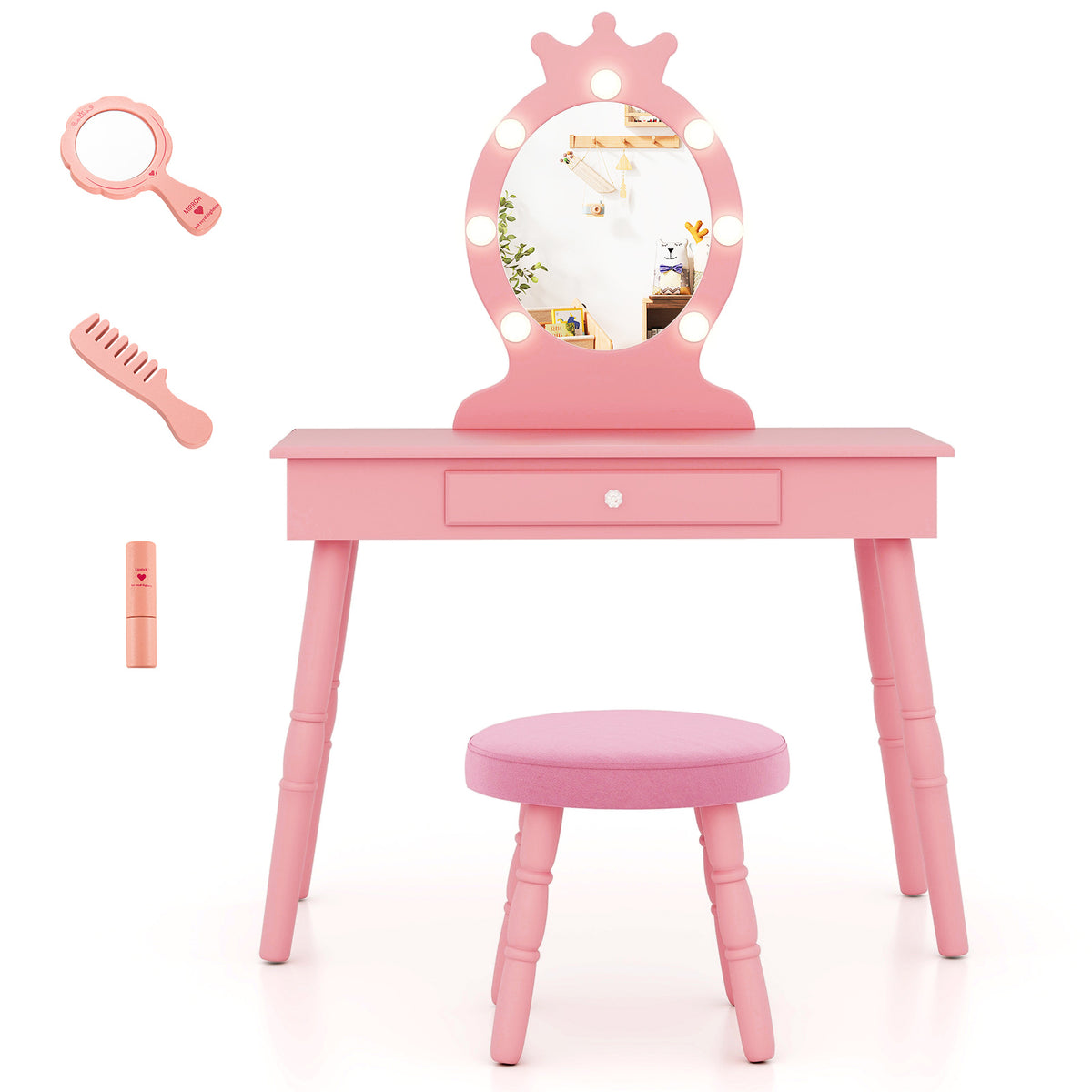 Kids Vanity Set with Lighted Mirror - Pink, Adjustable Brightness & Large Drawer
