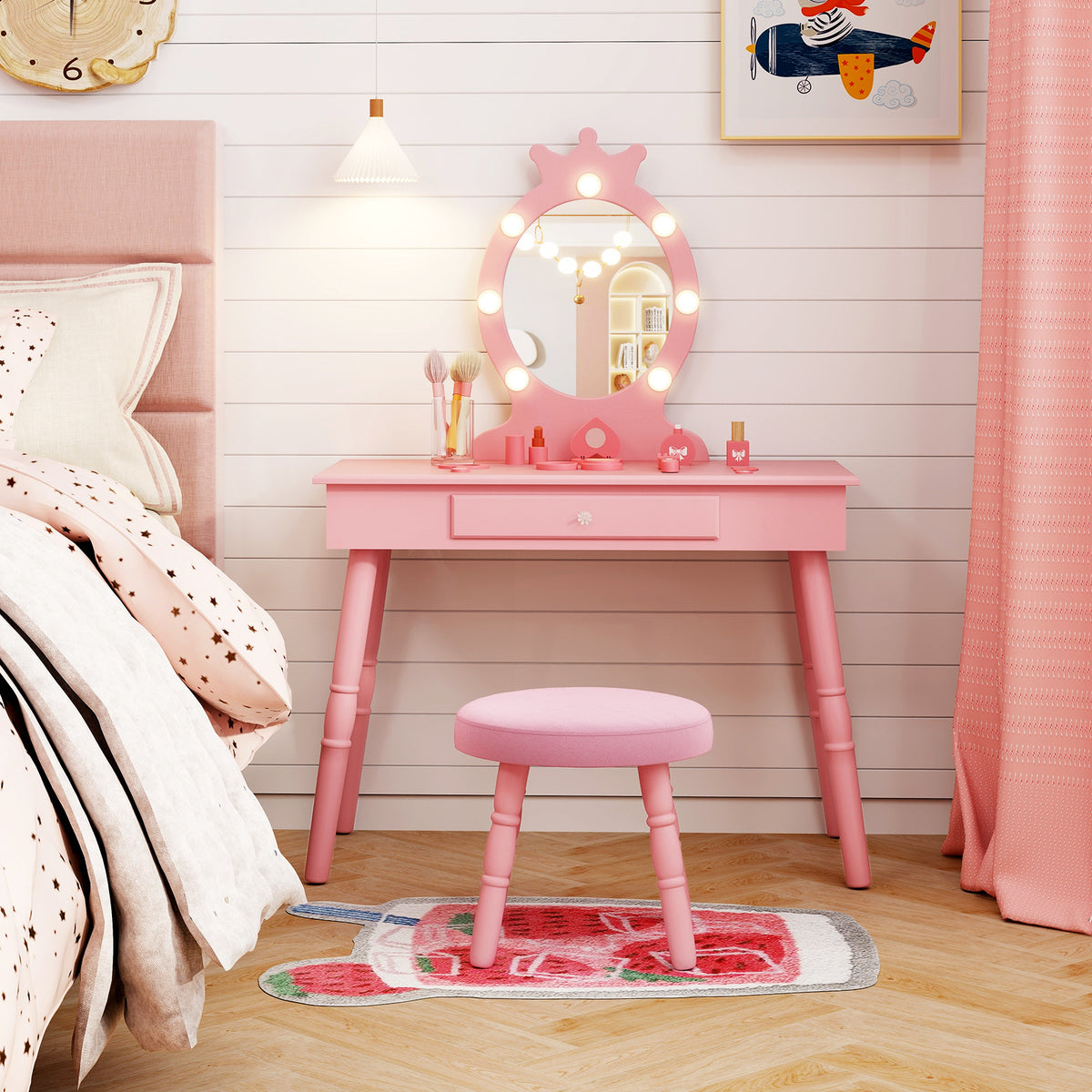 Kids Vanity Set with Lighted Mirror - Pink, Adjustable Brightness & Large Drawer