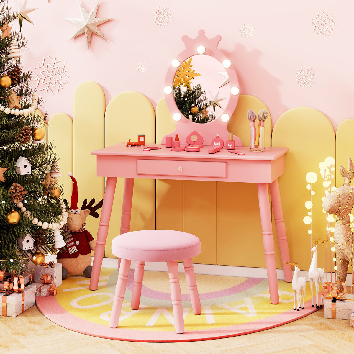 Kids Vanity Set with Lighted Mirror - Pink, Adjustable Brightness & Large Drawer