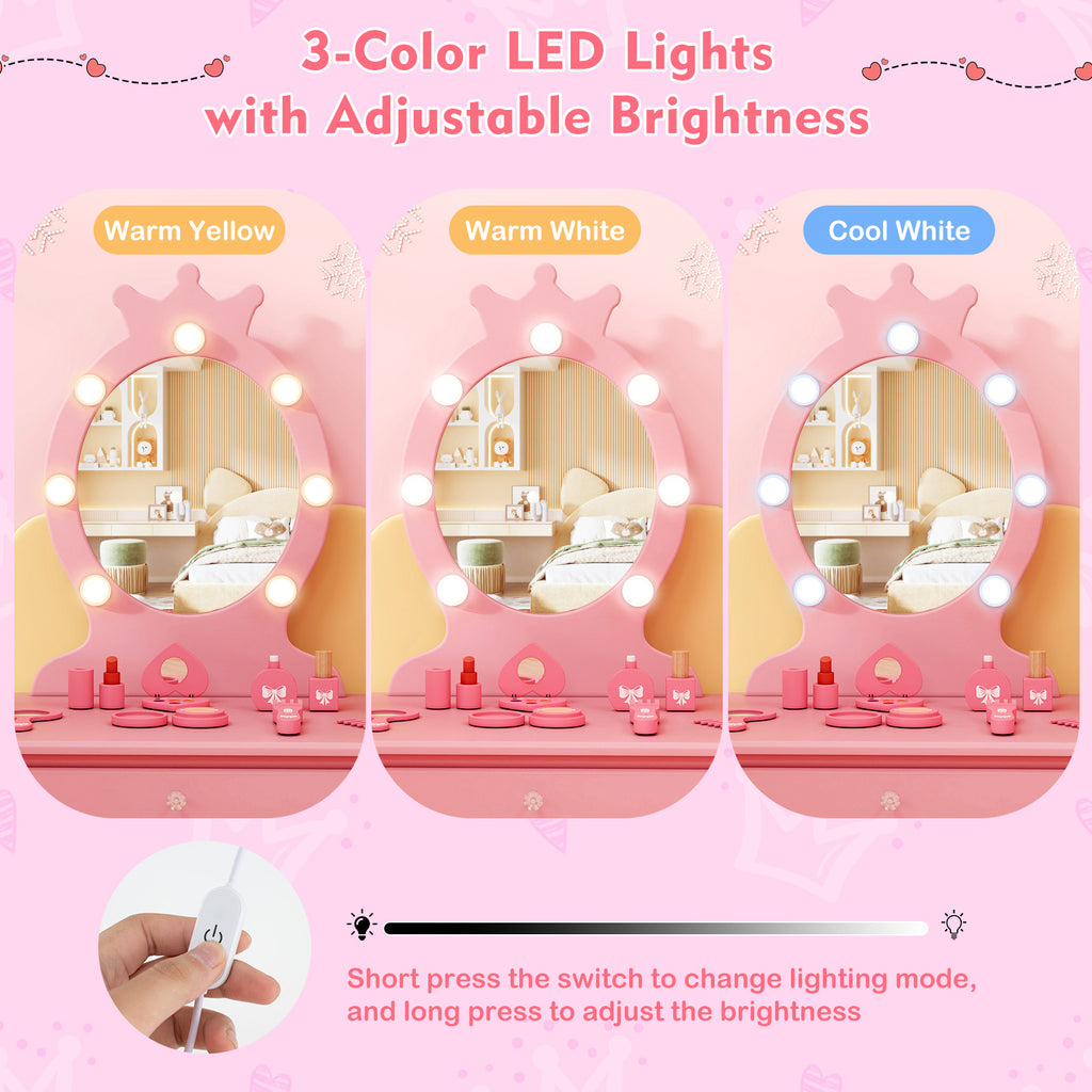 Kids Vanity Set with Lighted Mirror - Pink, Adjustable Brightness & Large Drawer