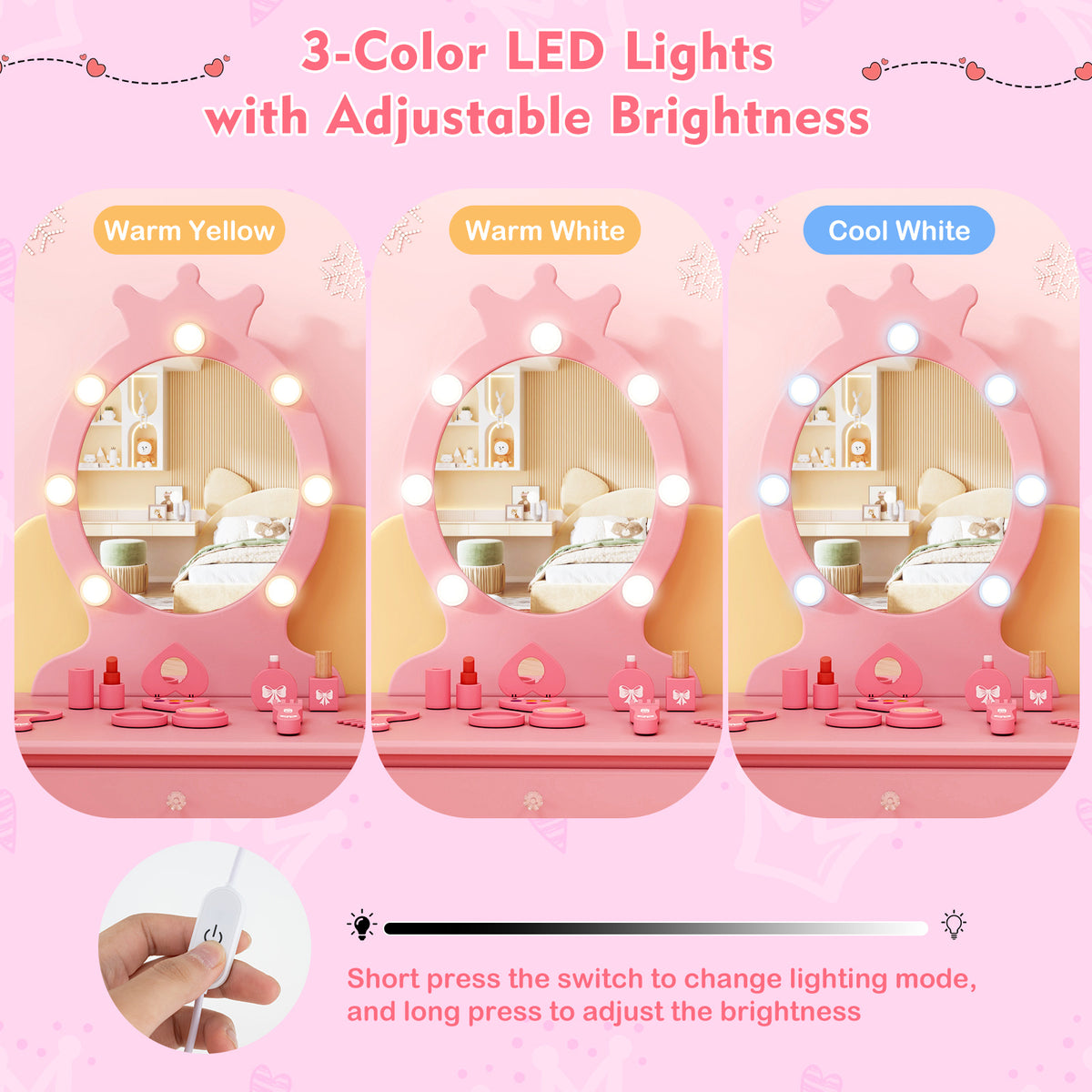 Kids Vanity Set with Lighted Mirror - Pink, Adjustable Brightness & Large Drawer