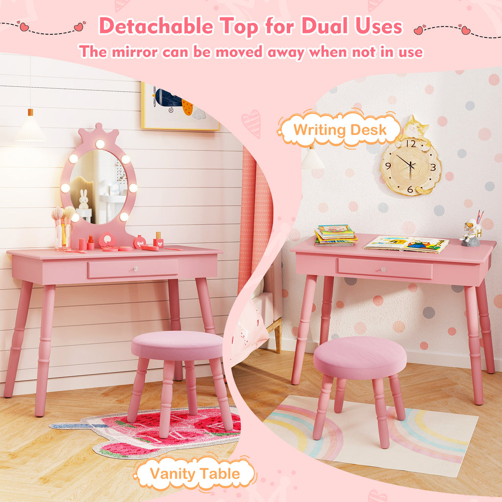 Kids Vanity Set with Lighted Mirror - Pink, Adjustable Brightness & Large Drawer