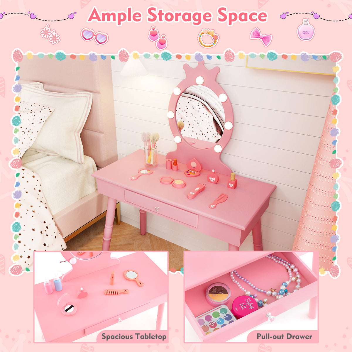 Kids Vanity Set with Lighted Mirror - Pink, Adjustable Brightness & Large Drawer