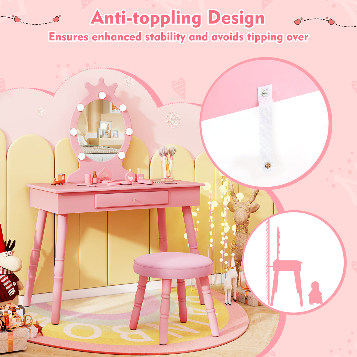 Kids Vanity Set with Lighted Mirror - Pink, Adjustable Brightness & Large Drawer
