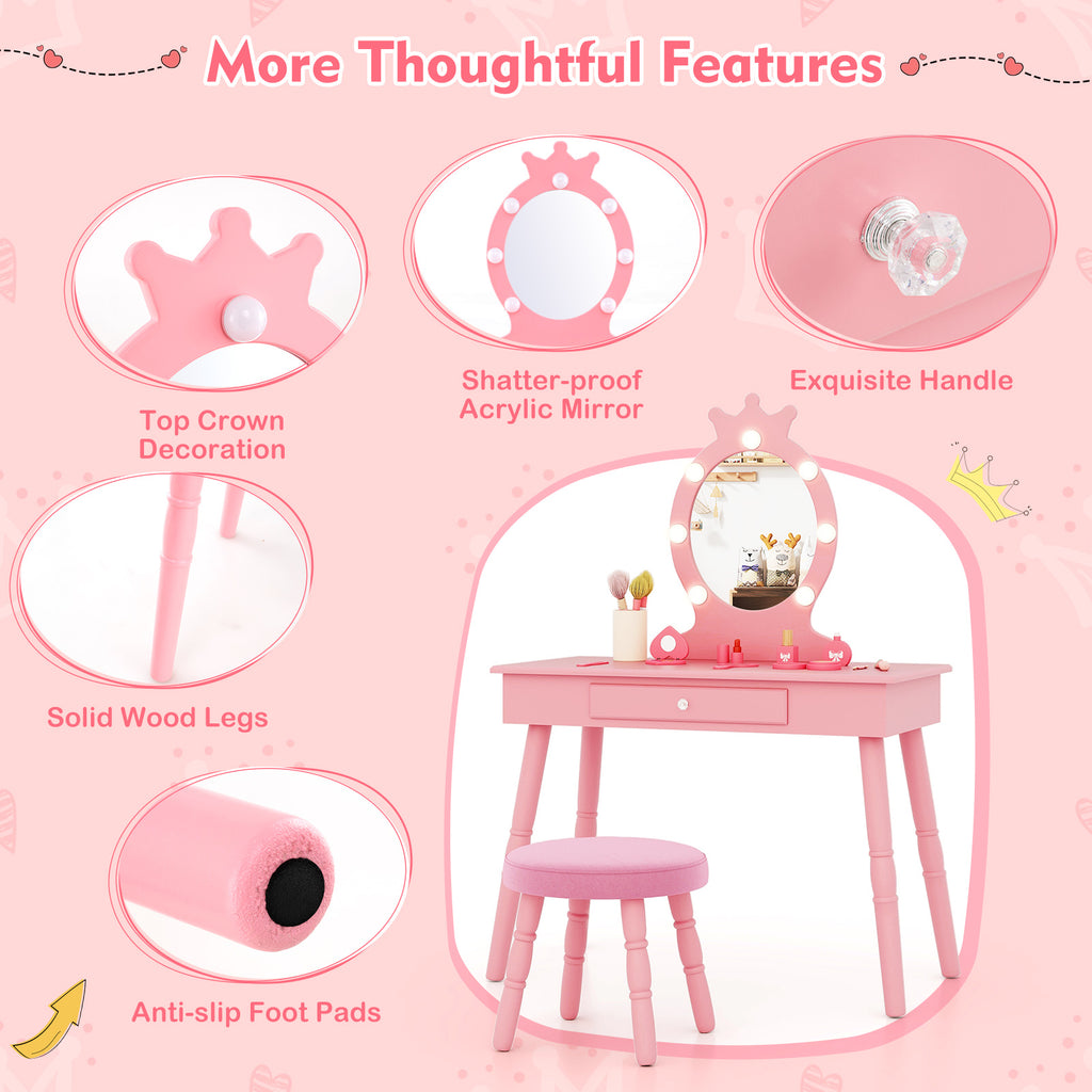 Kids Vanity Set with Lighted Mirror - Pink, Adjustable Brightness & Large Drawer
