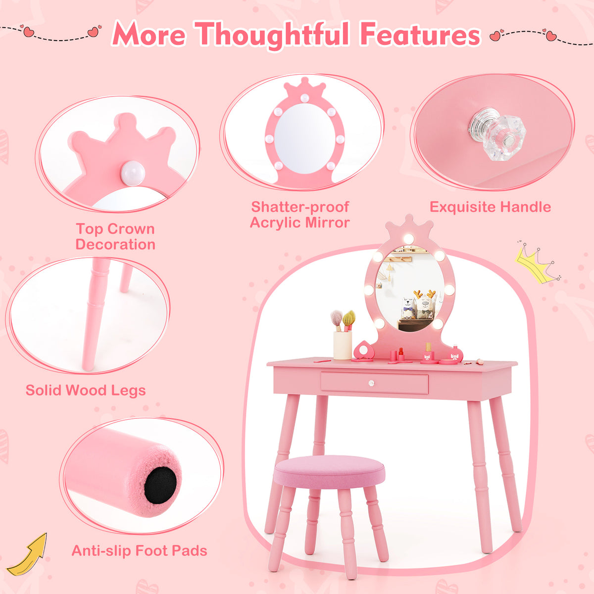 Kids Vanity Set with Lighted Mirror - Pink, Adjustable Brightness & Large Drawer