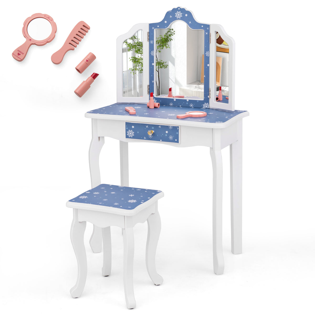 Princess Pretend Play Makeup Table and Stool Set with Tri-Fold Mirror - Snow Blue
