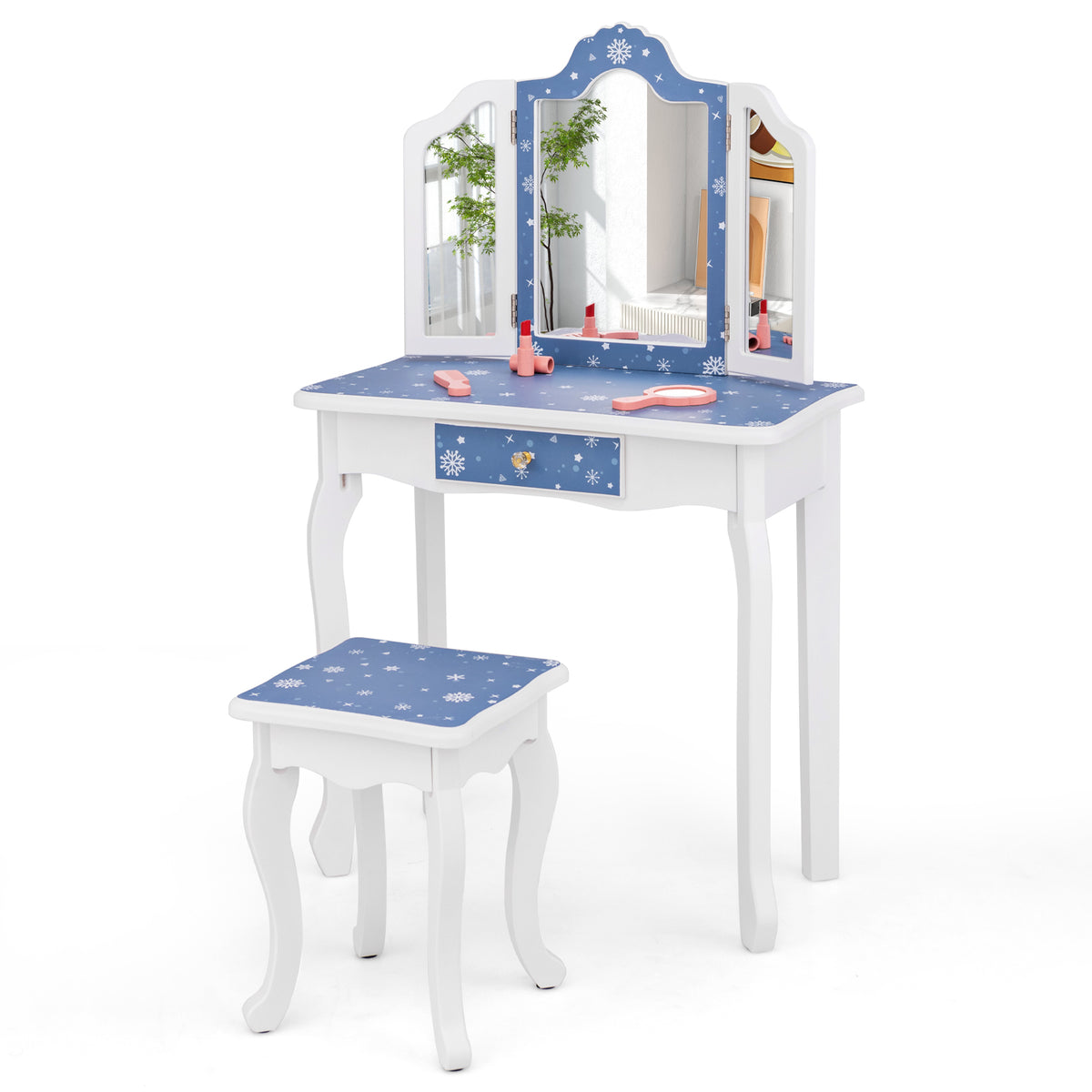 Princess Pretend Play Makeup Table and Stool Set with Tri-Fold Mirror - Snow Blue