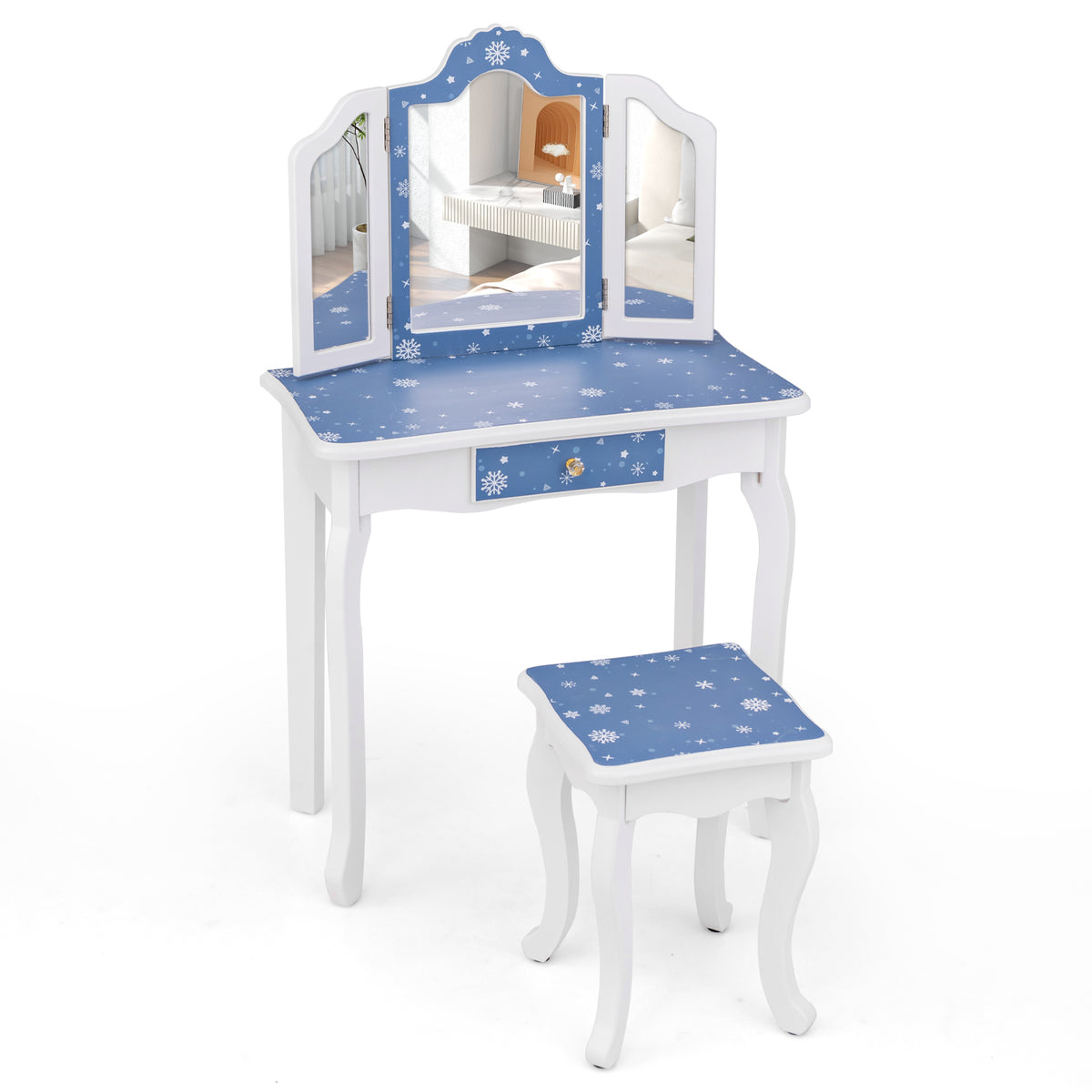 Princess Pretend Play Makeup Table and Stool Set with Tri-Fold Mirror - Snow Blue