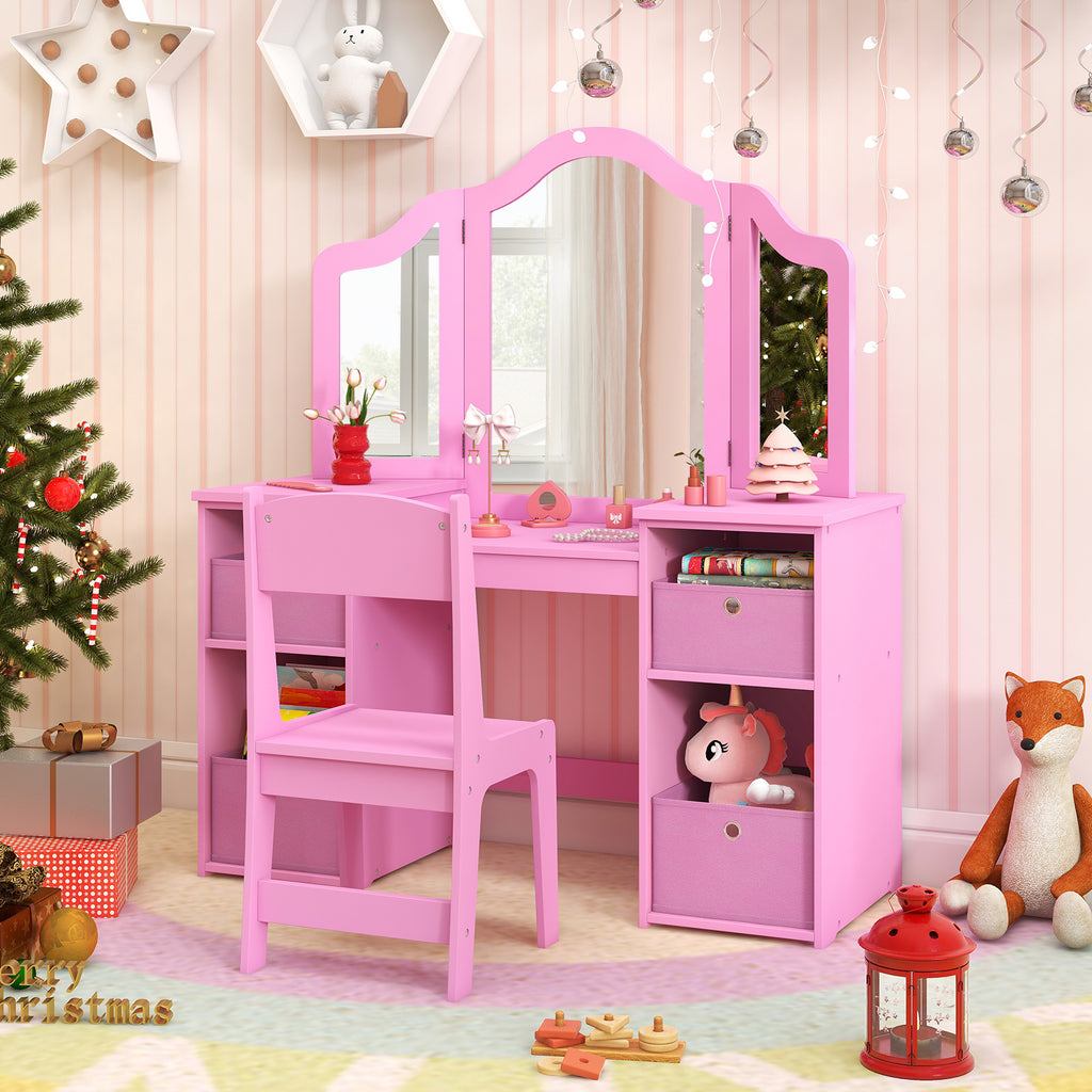 Kids Vanity Table and Chair Set - 3-Sided Mirror Without Light, Pink, Removable Mirrors & Storage Bins