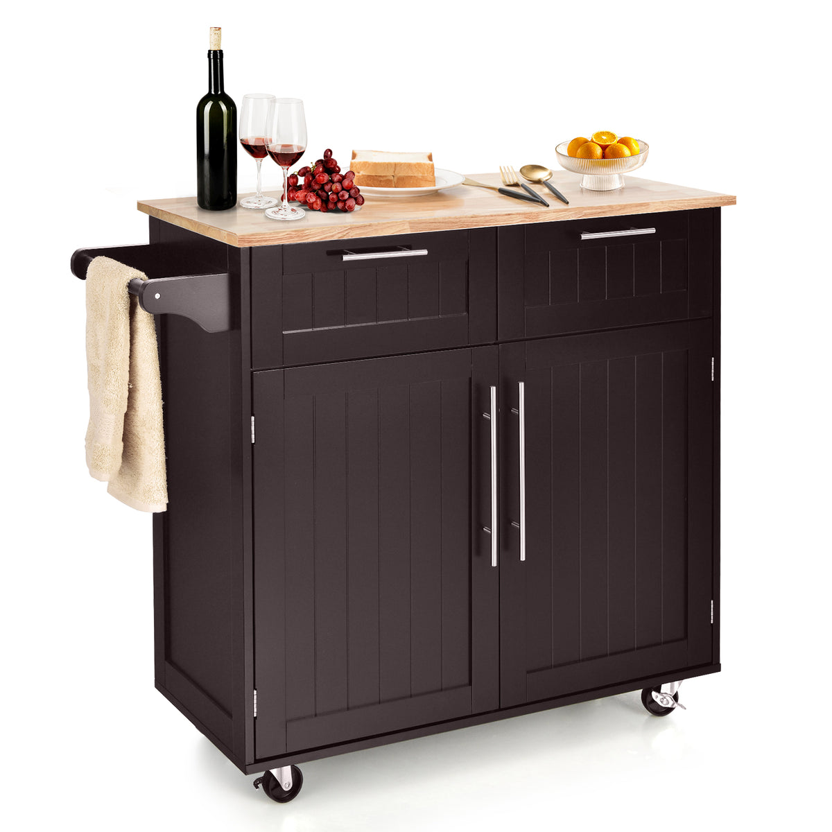 Kitchen Island Cart Rolling Storage Trolley with Drawers - Brown