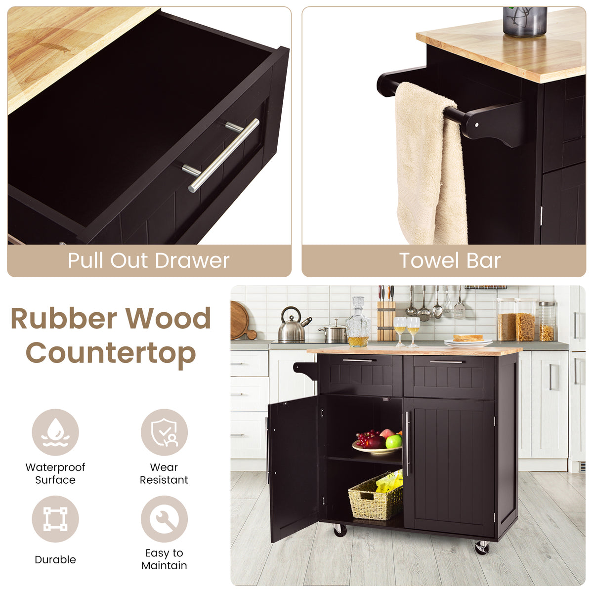 Kitchen Island Cart Rolling Storage Trolley - Brown