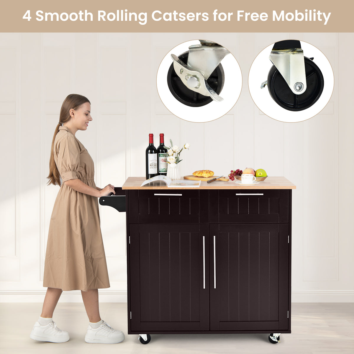 Kitchen Island Cart Rolling Storage Trolley - Brown