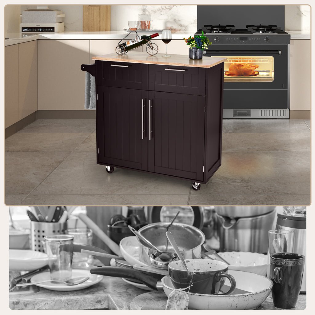 Kitchen Island Cart Rolling Storage Trolley with Drawers - Brown