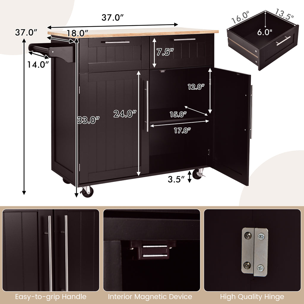 Kitchen Island Cart Rolling Storage Trolley - Brown