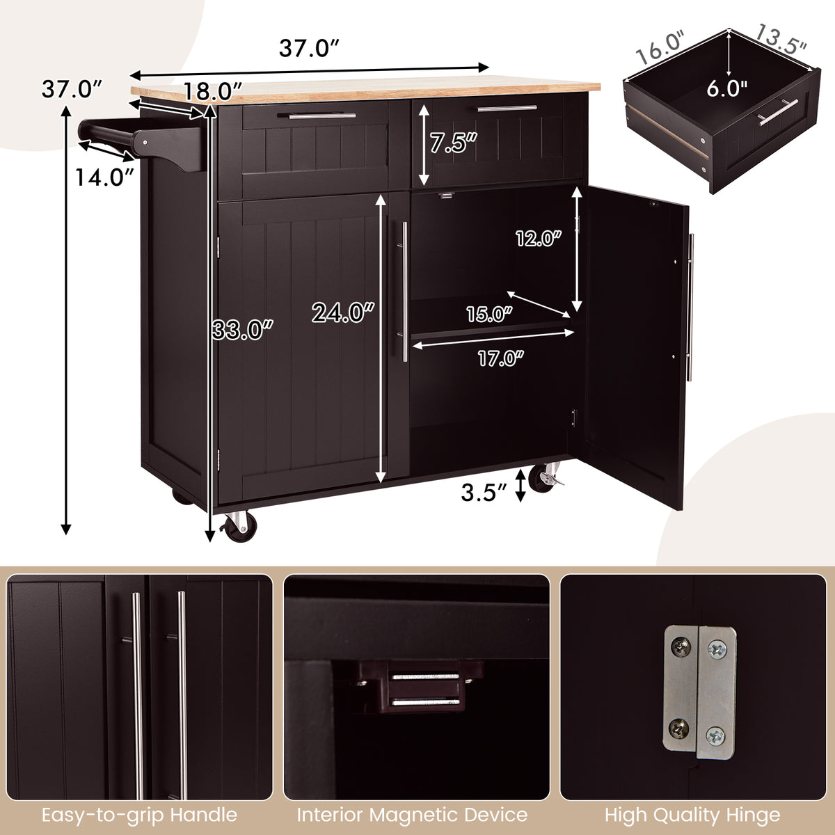 Kitchen Island Cart Rolling Storage Trolley - Brown