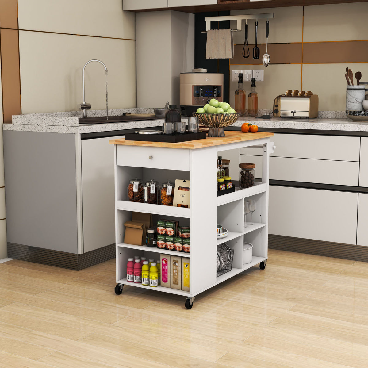 Kitchen Island Trolley Cart on Wheels with Storage - White